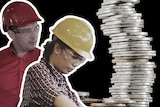 Male and female constriction workers beside tower of coins.