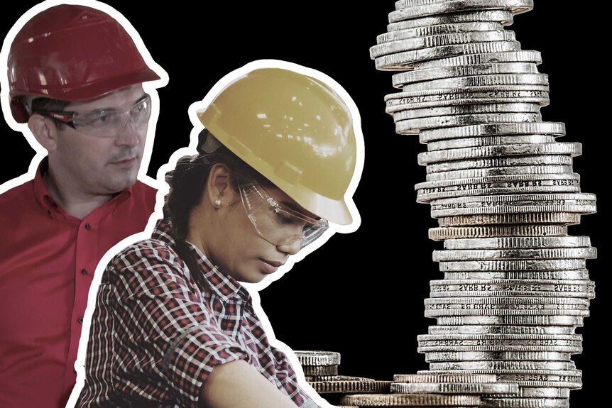 Male and female constriction workers beside tower of coins.