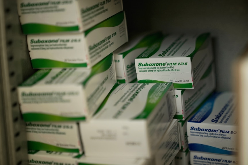 Stacks of green Suboxone Film boxes