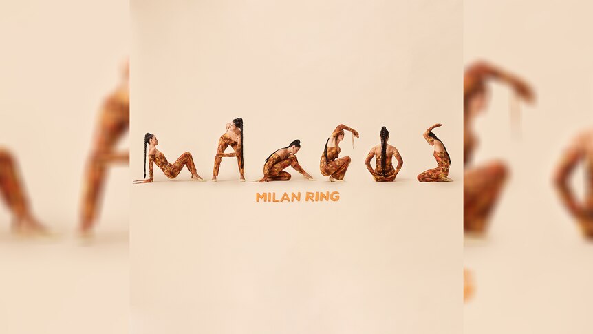 Cover for Milan Ring's 2024 album Mangos where she contorts her body to form each letter of the title on pale bg