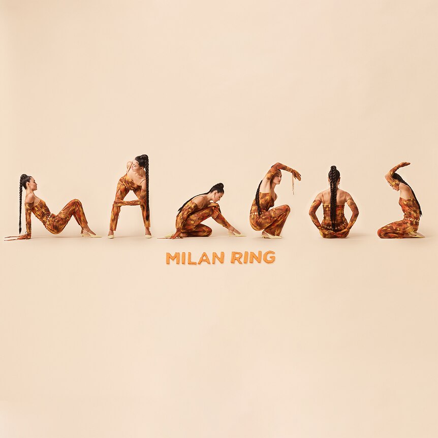 Cover for Milan Ring's 2024 album Mangos where she contorts her body to form each letter of the title on pale bg