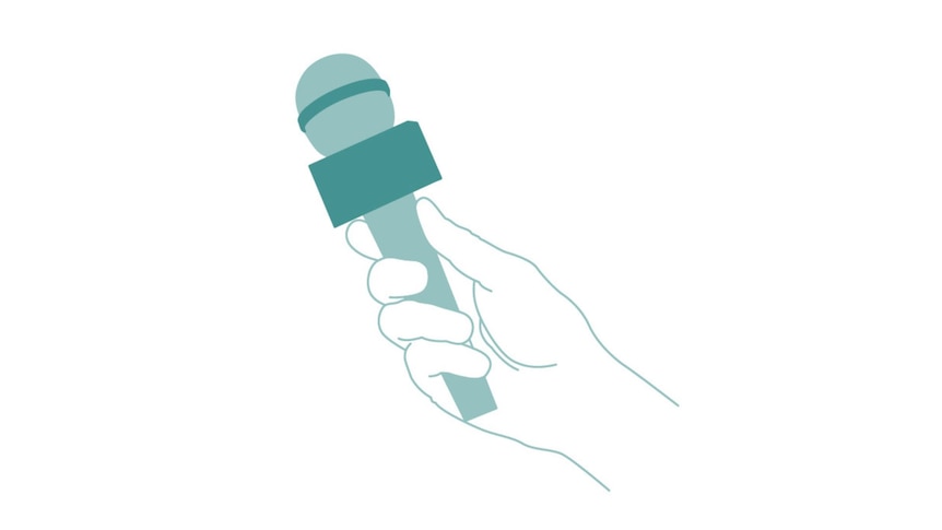 A green cartoon image of a hand holding a microphone