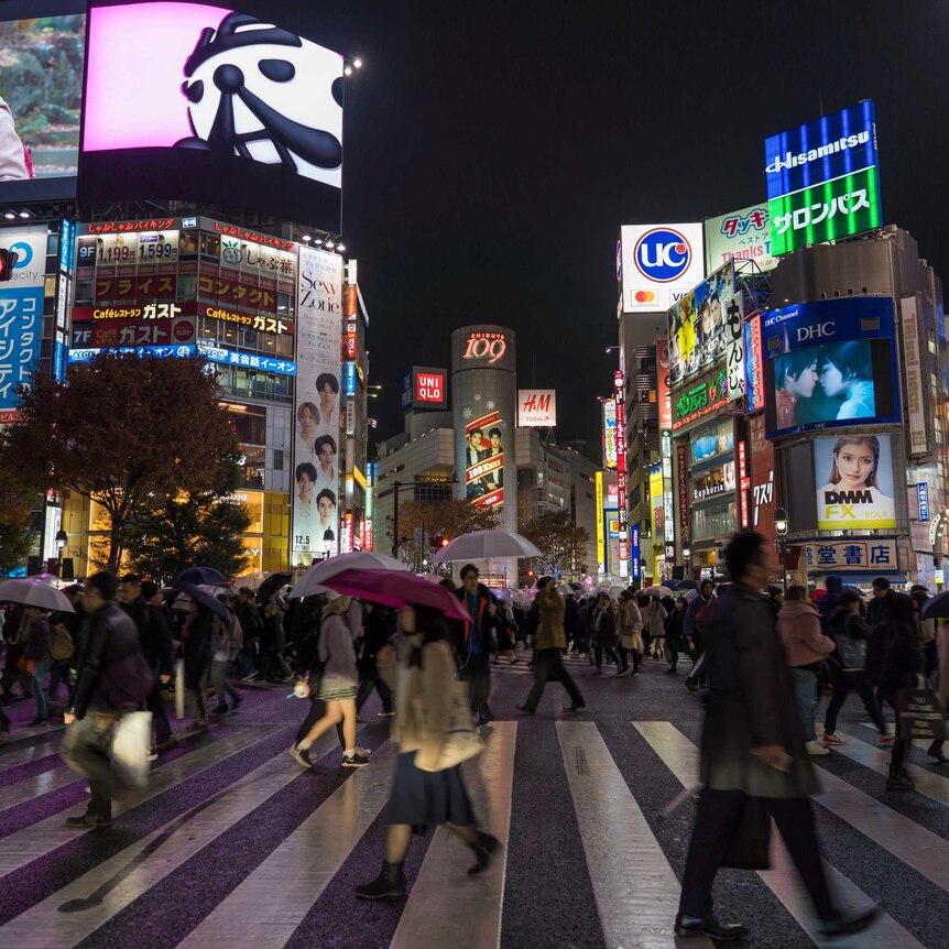 People cross Japan's Shibuya crossing, with a number sporting umbrellas, as night sets in. Advertisements adorn buildings.