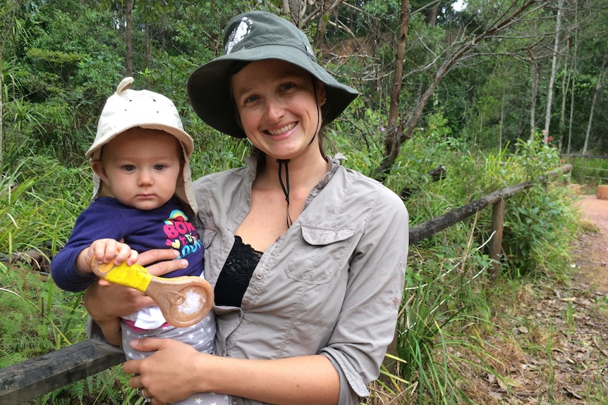 One of The Nature School founders, Sybil Juzwiak Doyle with her daughter, Ahliyah, at a Port Macquarie bush reserve.