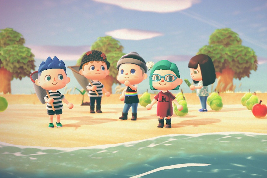 Five cartoon-like video game characters stand on a beach setting surrounded by little pieces of fruit.