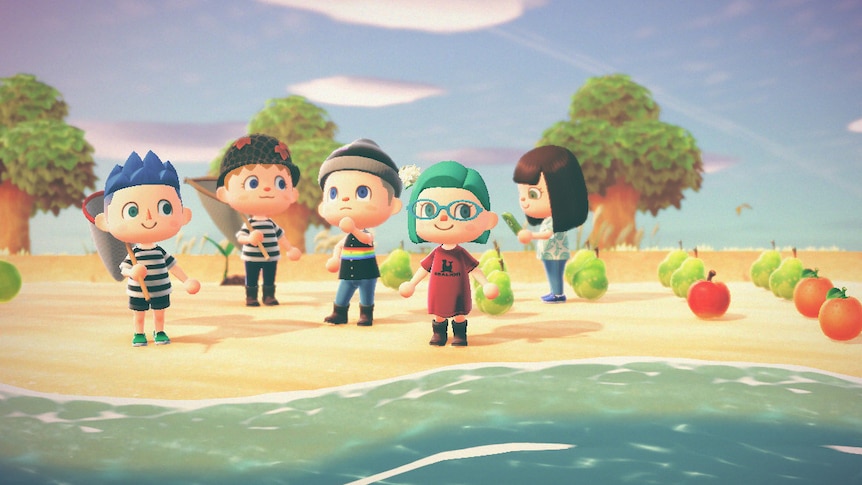 Five cartoon-like video game characters stand on a beach setting surrounded by little pieces of fruit.