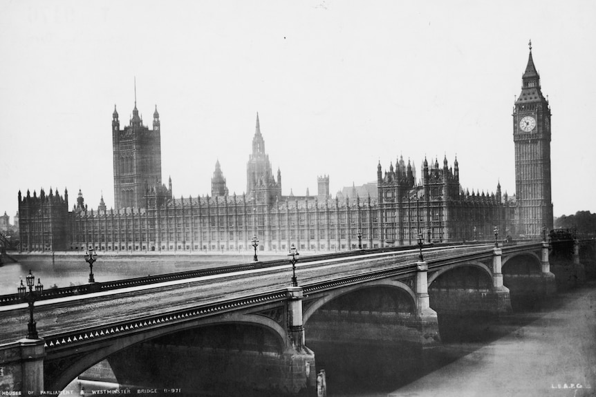 A black and white photo of Big Ben in 1889.
