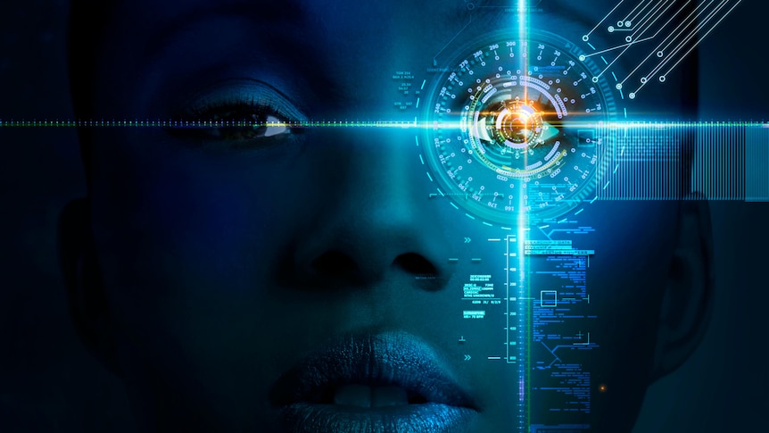 close up of young woman's face with blue laser focus on one eye, futuristic-looking geometric patterns and sequences