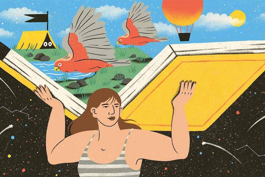 An illustration of a woman holding a large book on her shoulders, open to reveal a shining world of birds and a hot air balloon