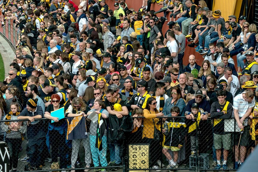 Richmond supporters wait for their team to start their training session at Punt Road Oval.