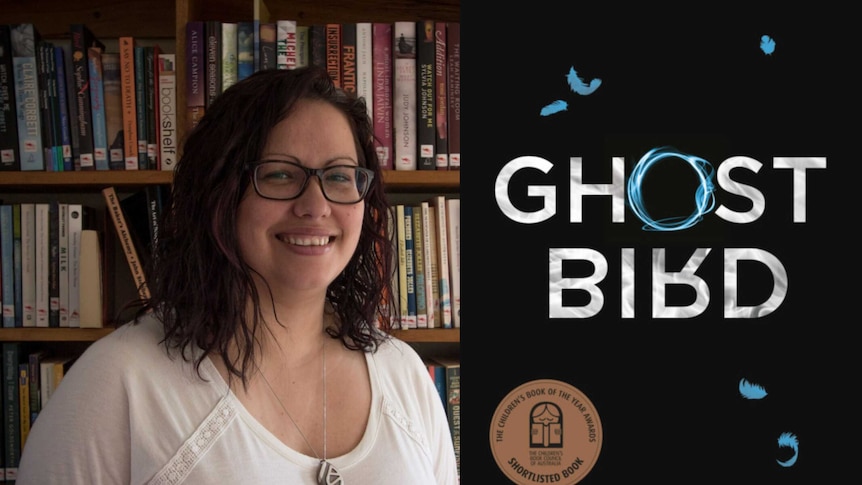 Author Lisa Fuller next to the cover of her book Ghost Bird
