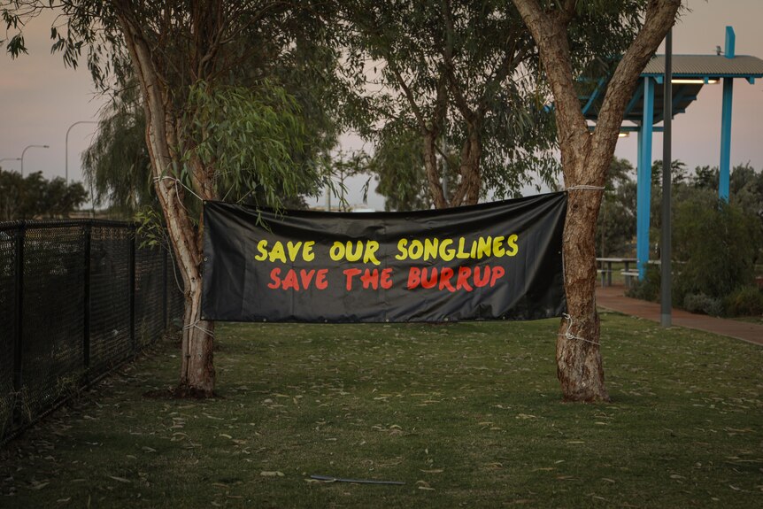 Banner between two trees saying Save the Burrup