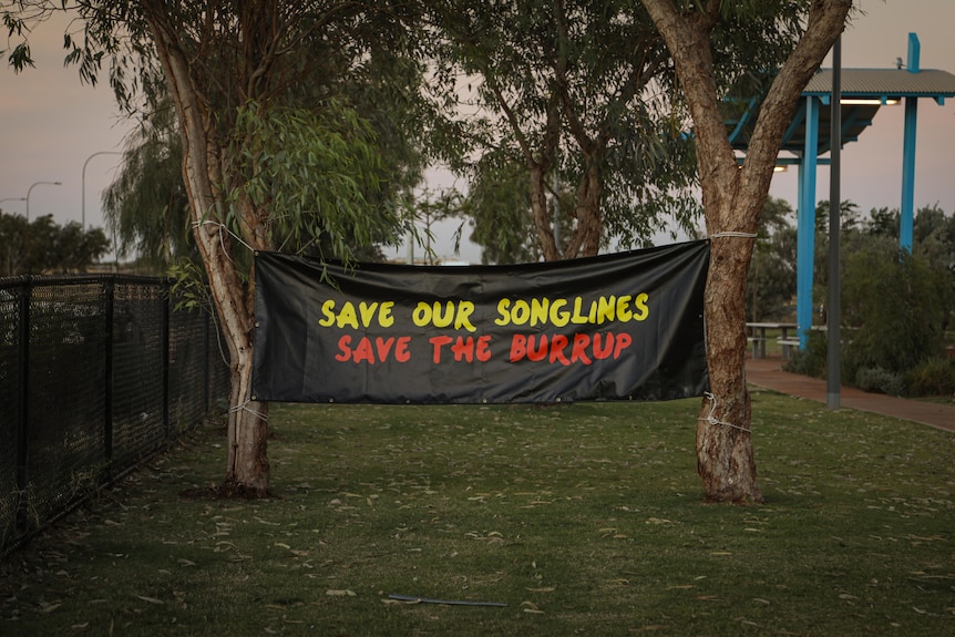 Banner between two trees saying Save the Burrup