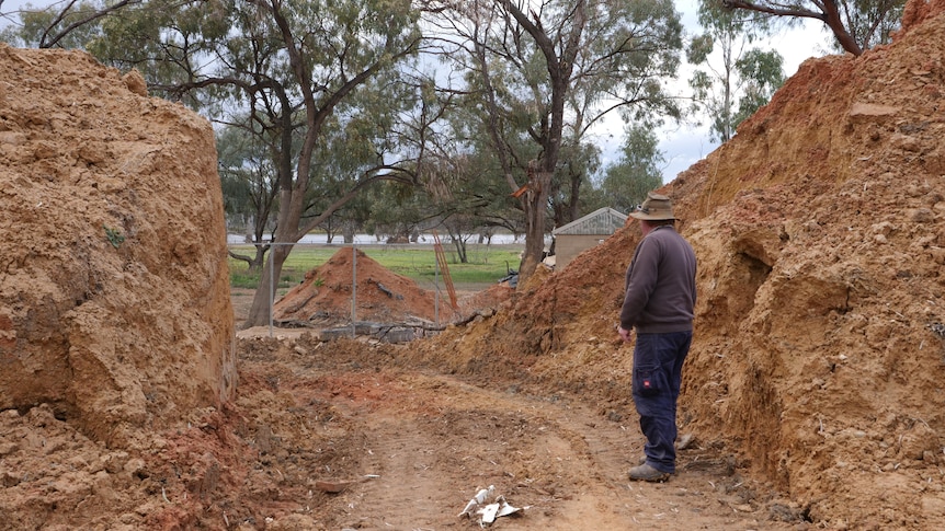 A man stands between two sides of a levee bank double his height which have been excavated. 