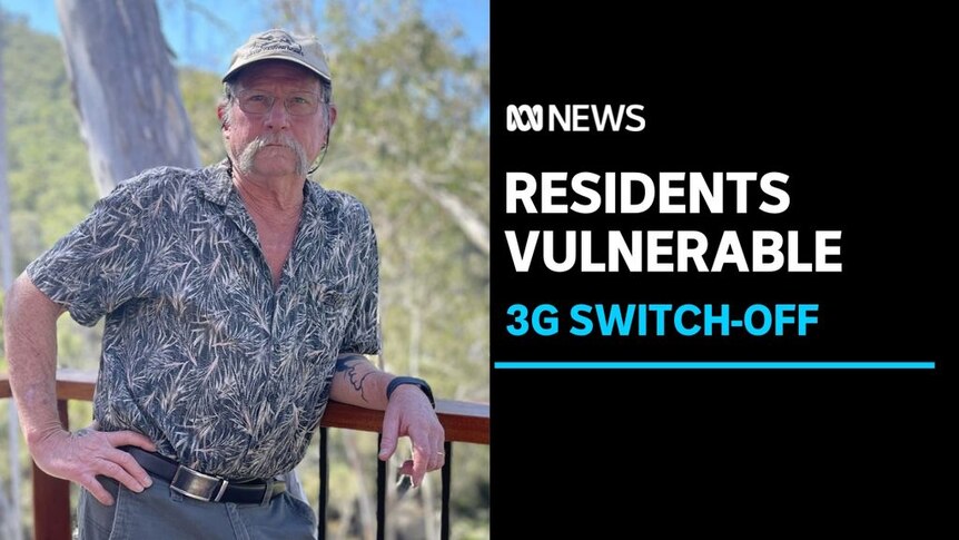 Residents Vulnerable, 3G Switch-Off: Man with motorbike handle moustache, cap and blue patterned shirt rests on fence.