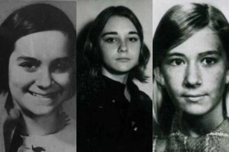 A composite image of three black and white images of young teenaged girls 