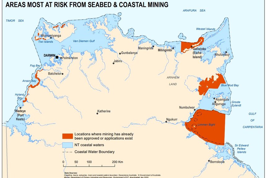 A map of potential areas of seabed mining in the NT.