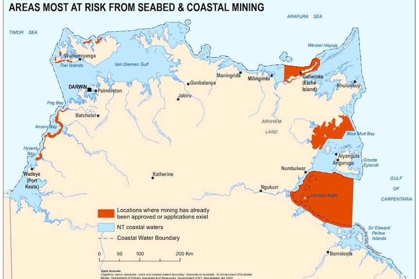 A map of potential areas of seabed mining in the NT.