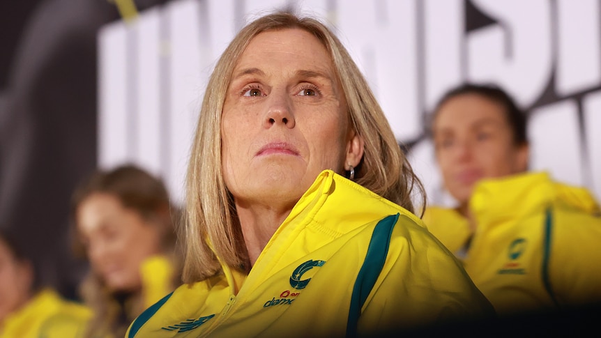 Nicole Richardson looks upwards as she sits on stage with the Diamonds team at a World Cup farewell event