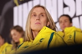 Nicole Richardson looks upwards as she sits on stage with the Diamonds team at a World Cup farewell event