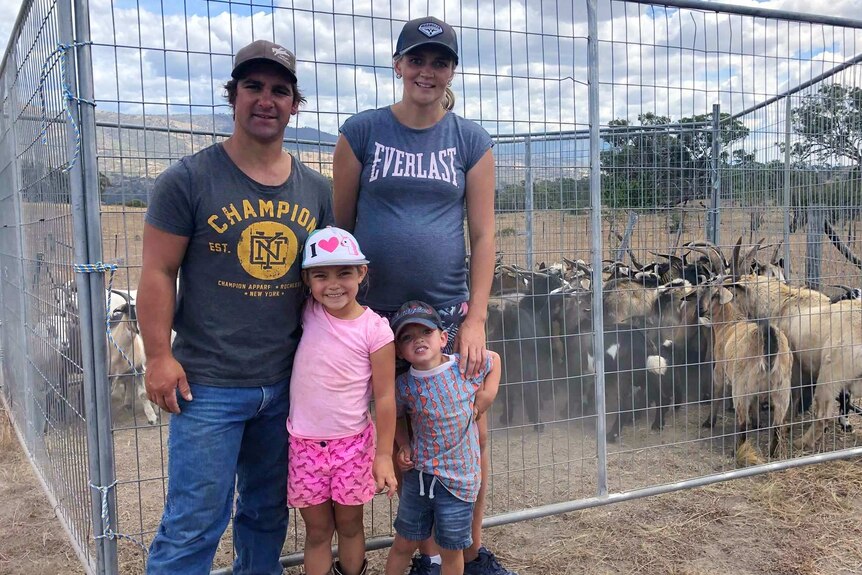 The Riley family with a herd of goats in Williamsdale, NSW