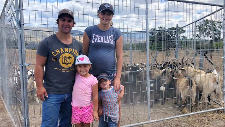 The Riley family with a herd of goats in Williamsdale, NSW
