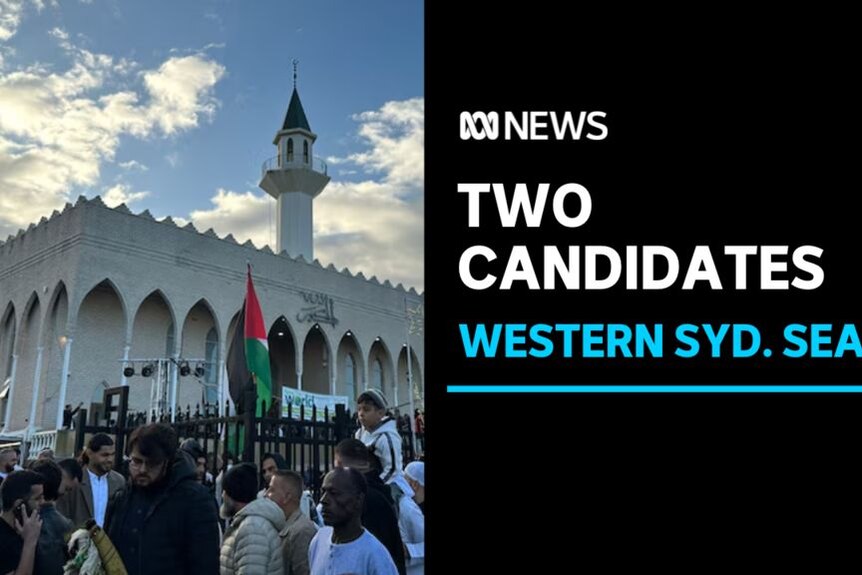Two Candidates, Western Syd. Seats: People outside a mosque. A Palestinian flag is being held.