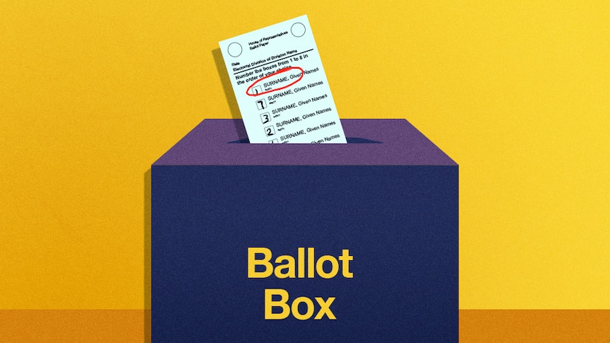 An illustration of a slip of paper hovers over a ballot box.