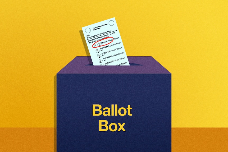 An illustration of a slip of paper hovers over a ballot box.