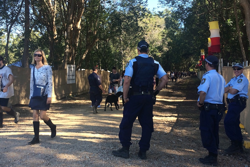 Police at the entrance to Splendour in the Grass in Byron Bay.