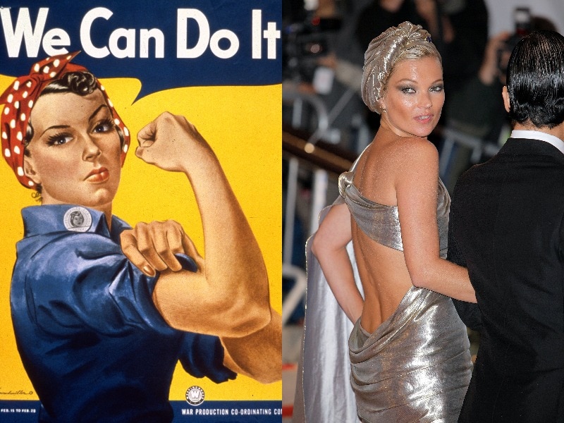 A composite image features the vintage poster We Can Do It on the right and Kate Moss weraing a gold turban on the right