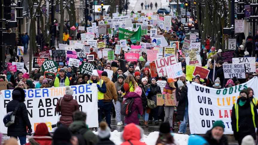 The front of a protest march where the city is lined with snow covered trees. 