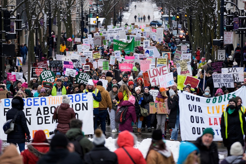 The front of a protest march where the city is lined with snow covered trees. 