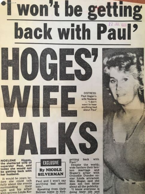A newspaper clipping from July 22, 1988 about the divorce of Paul Hogan and Noelene Hogan.