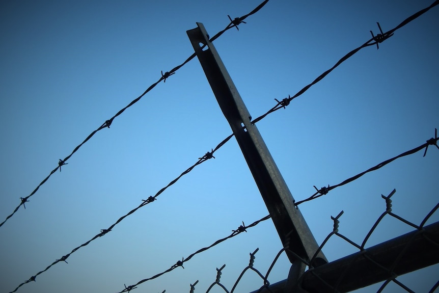 Barbed wire fence with blue sky background.