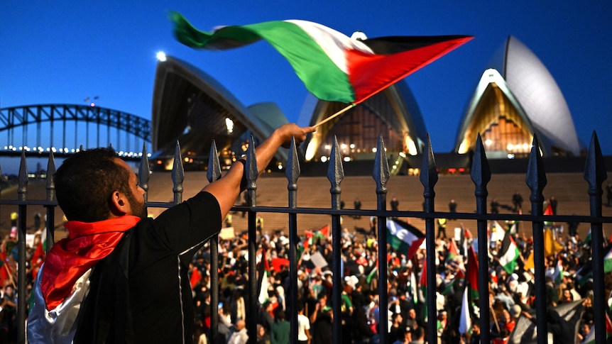 A man waves the Palestinian flag in front of a crowd gathered on the steps of the Sydney Opera House.