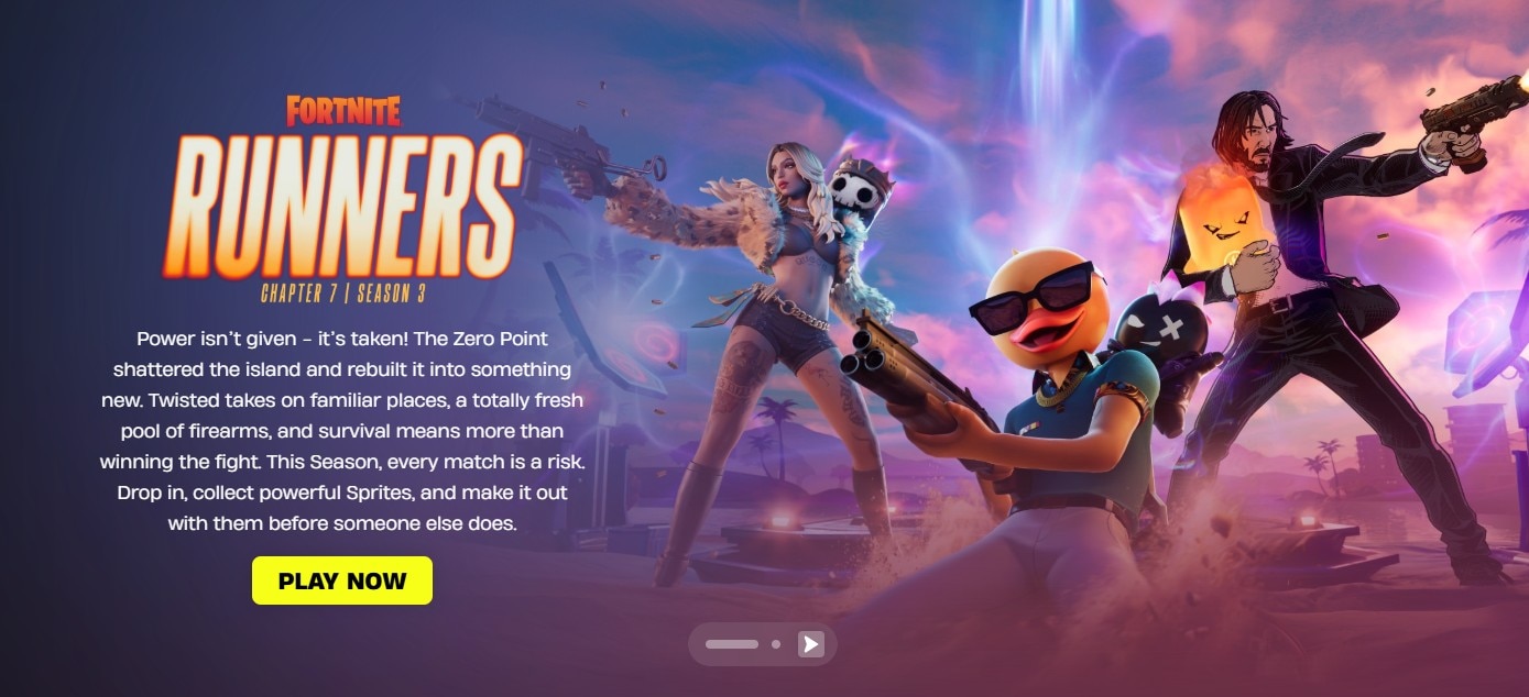A screenshot of the Fortnite website shows three computer fame characters.