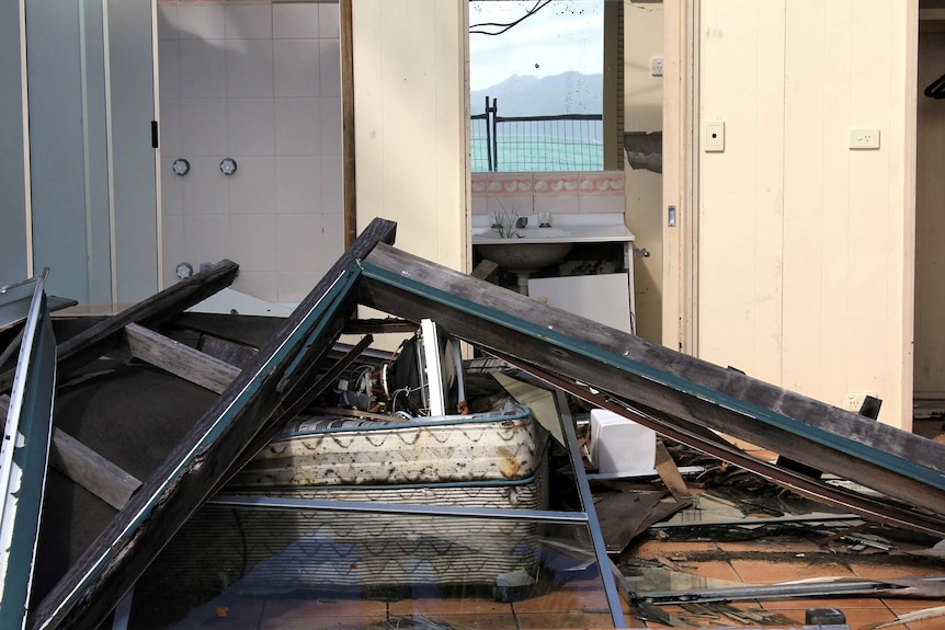 The exposed interior of a damaged cabin on South Molle Island.