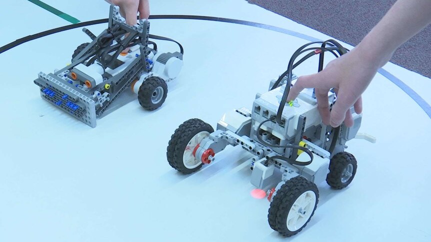 Sumobots ready to battle in a ring at UTAS in Burnie