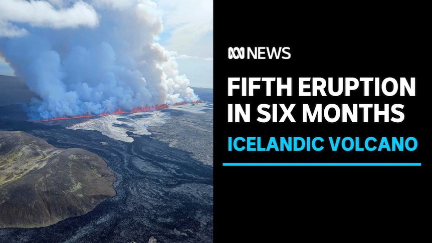 Fifth Eruption in Six Months, Icelandic Volcano: Aerial vision of smoke rising from a wall of lava next to a scorched landscape