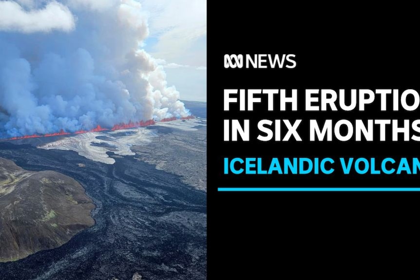 Fifth Eruption in Six Months, Icelandic Volcano: Aerial vision of smoke rising from a wall of lava next to a scorched landscape