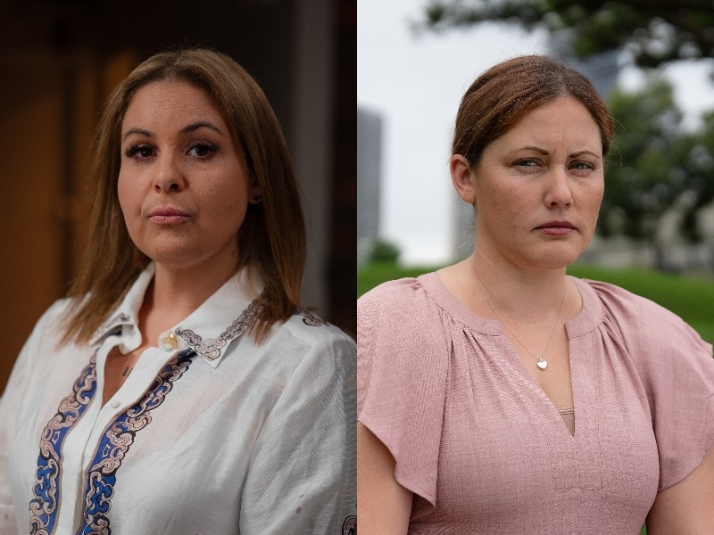A composite of two photos of women looking into camera, both with serious facial expressions.