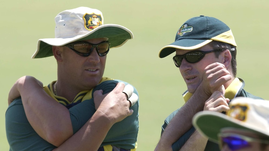 Happier times ... Shane Warne (L) and Steve Waugh during an Australi training session in 2002