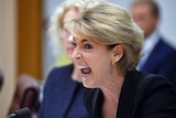 Michaelia Cash pulls a face with her mouth open.