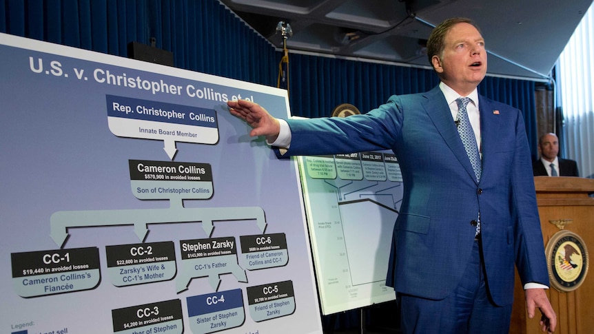 Geoffrey Berman points to a board with graphics showing how insider trading unfolded.