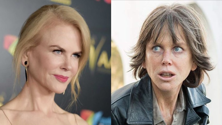 A composite photo showing Nicole Kidman on a red carpet and in the film Destroyer.