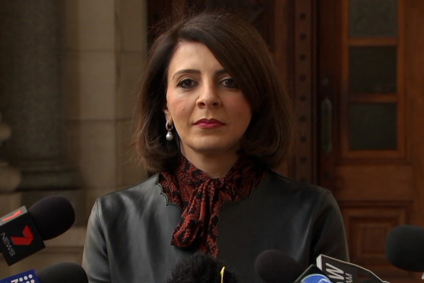 Victorian Local Government Minister Marlene Kairouz speaks to media outside Parliament.