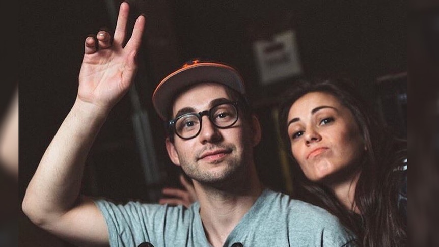 A shot of Jack Antonoff and Amy Shark backstage on a 2018 US tour