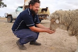 A photo of Steve Bolt crouching down to feed a sheep.