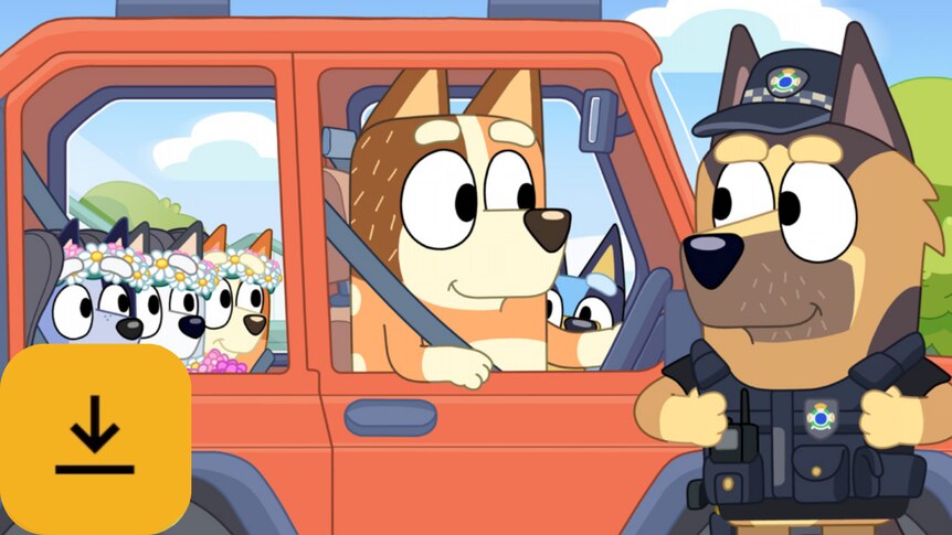 Socks, Muffin and Bingo sit in the back of the car while Chilli and Bluey sit in the front speaking to the Police Officer. 